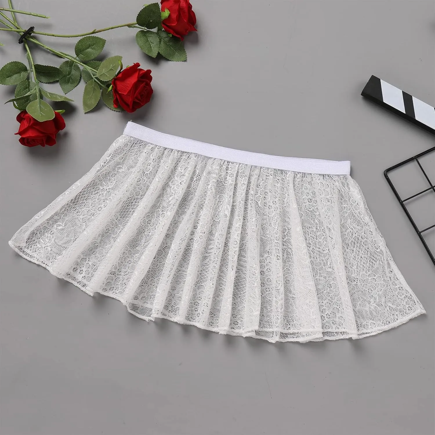 ABAFIP Sissy Skirts for Men Crossdressing Lingerie Sheer Lace Floral Flared Pleated Micro Mini Skirt Nightwear