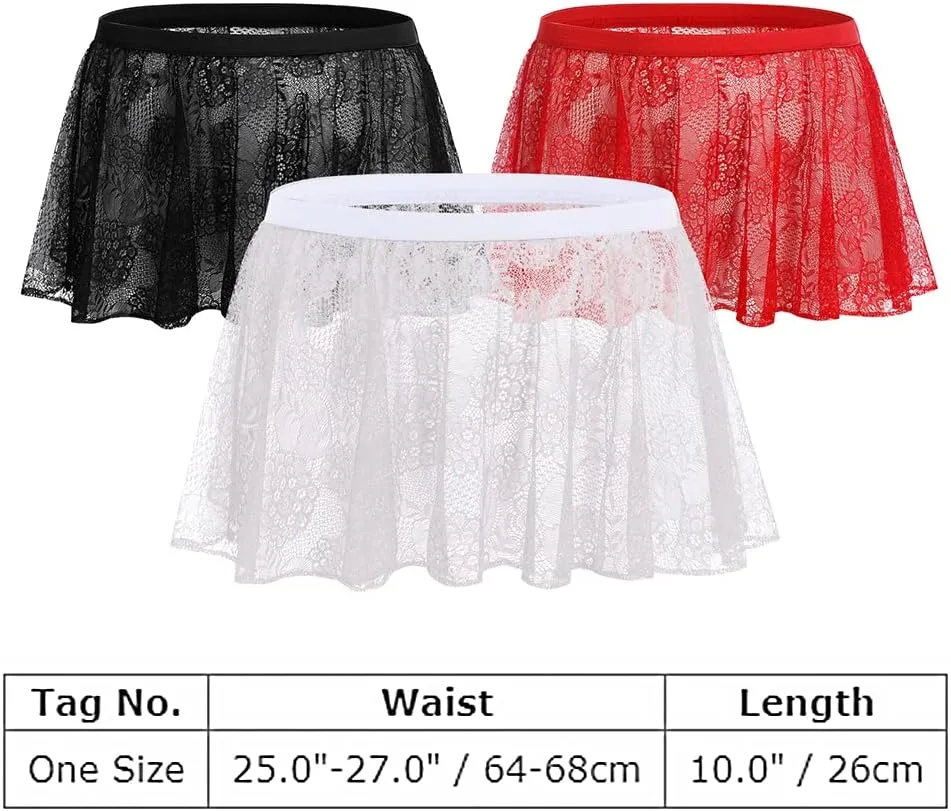 ABAFIP Sissy Skirts for Men Crossdressing Lingerie Sheer Lace Floral Flared Pleated Micro Mini Skirt Nightwear