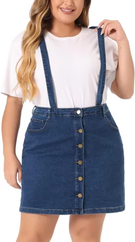 Agnes Orinda Plus Size Suspender Skirt for Women Adjustable Strap Cross Back Mini Denim A-Line Overall Dress