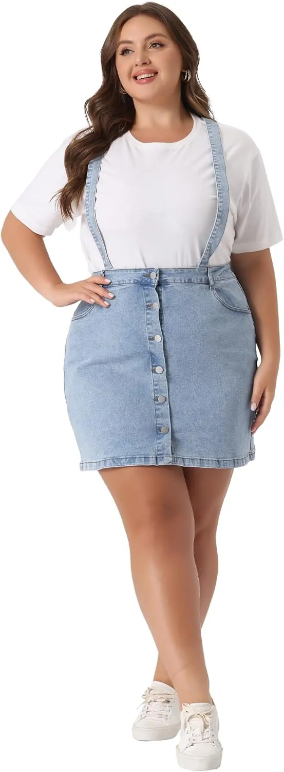 Agnes Orinda Plus Size Suspender Skirt for Women Adjustable Strap Cross Back Mini Denim A-Line Overall Dress