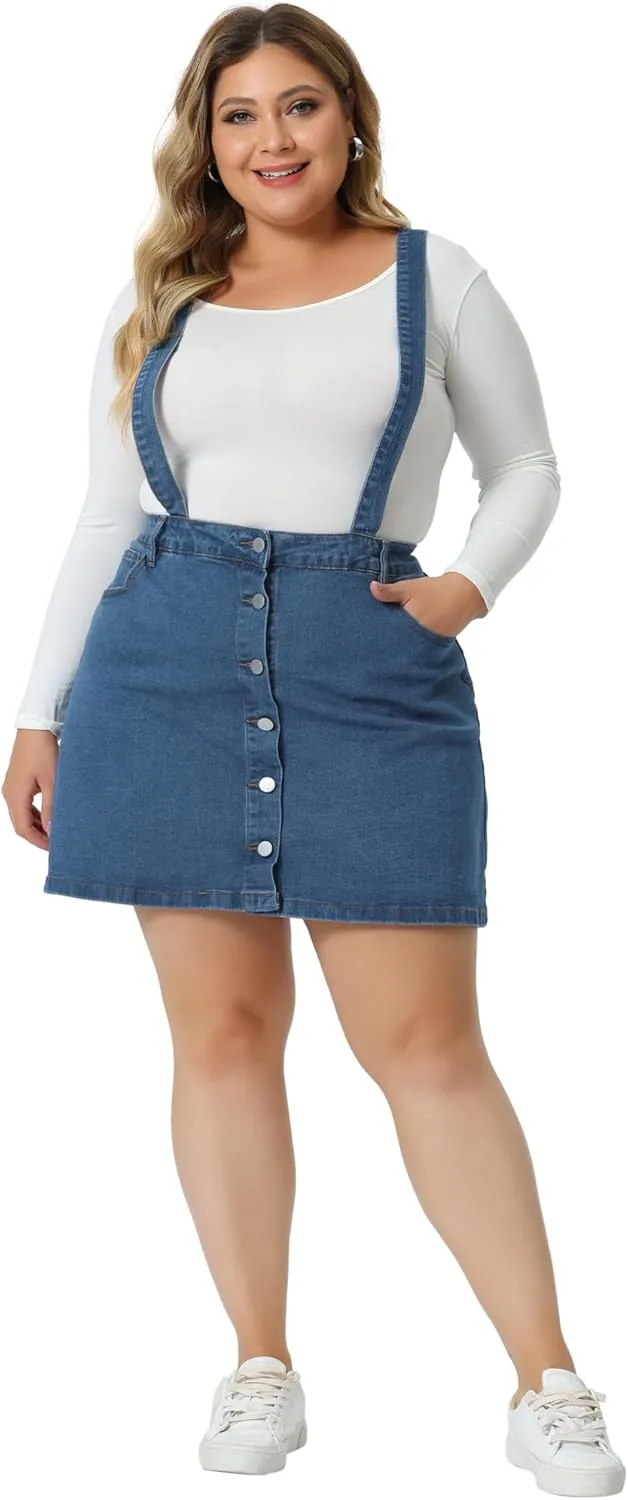 Agnes Orinda Plus Size Suspender Skirt for Women Adjustable Strap Cross Back Mini Denim A-Line Overall Dress
