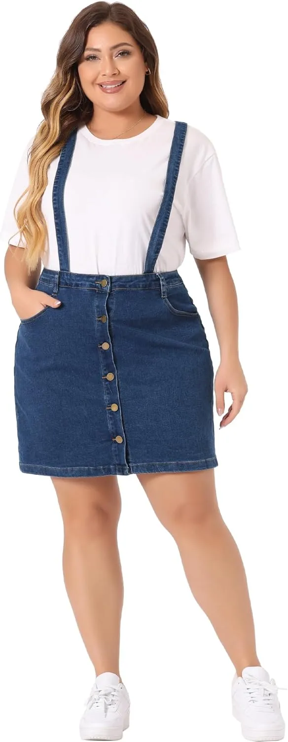 Agnes Orinda Plus Size Suspender Skirt for Women Adjustable Strap Cross Back Mini Denim A-Line Overall Dress
