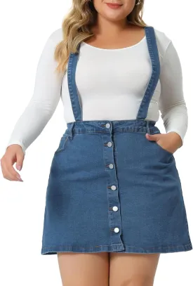 Agnes Orinda Plus Size Suspender Skirt for Women Adjustable Strap Cross Back Mini Denim A-Line Overall Dress
