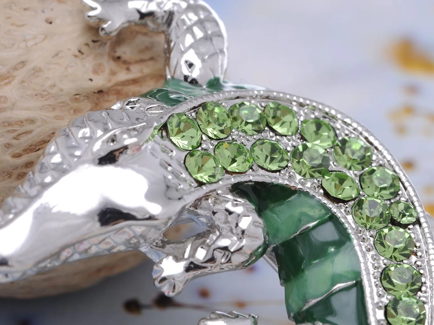 Alilang Green Silvery Tone Crawling Alligator Crocodile Reptile Body Brooch Pin