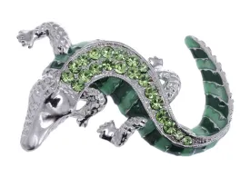 Alilang Green Silvery Tone Crawling Alligator Crocodile Reptile Body Brooch Pin