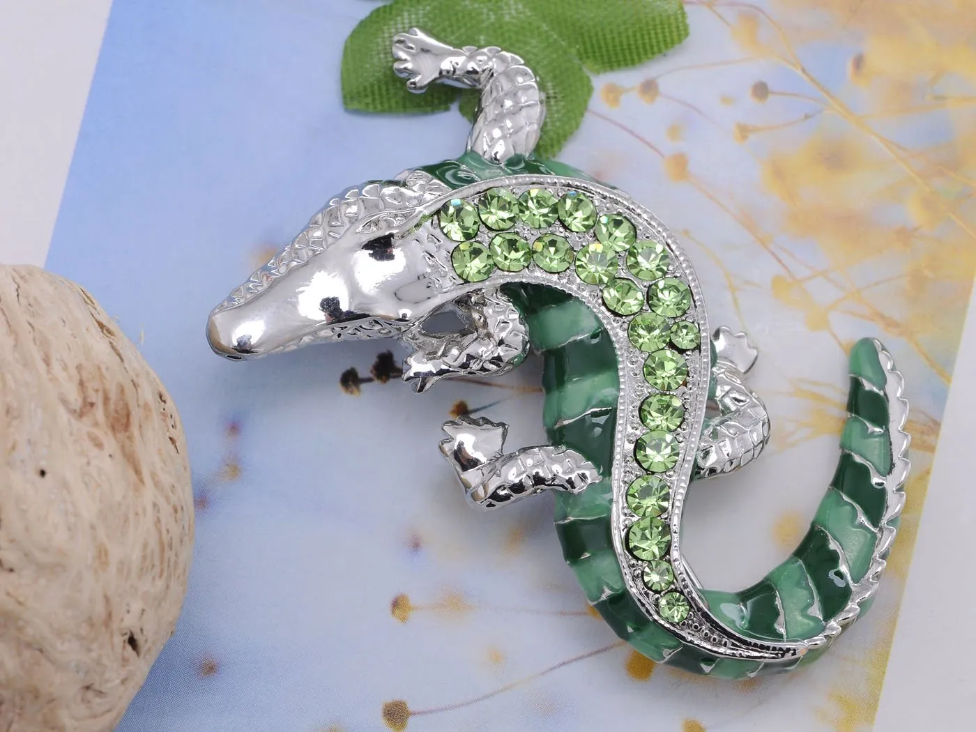 Alilang Green Silvery Tone Crawling Alligator Crocodile Reptile Body Brooch Pin