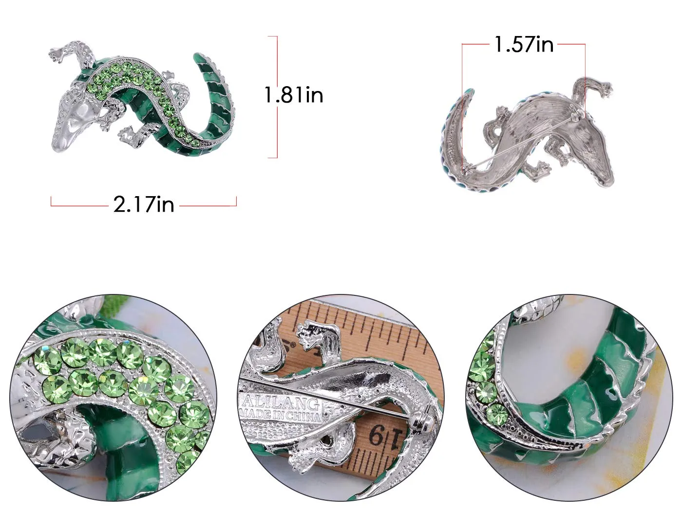 Alilang Green Silvery Tone Crawling Alligator Crocodile Reptile Body Brooch Pin