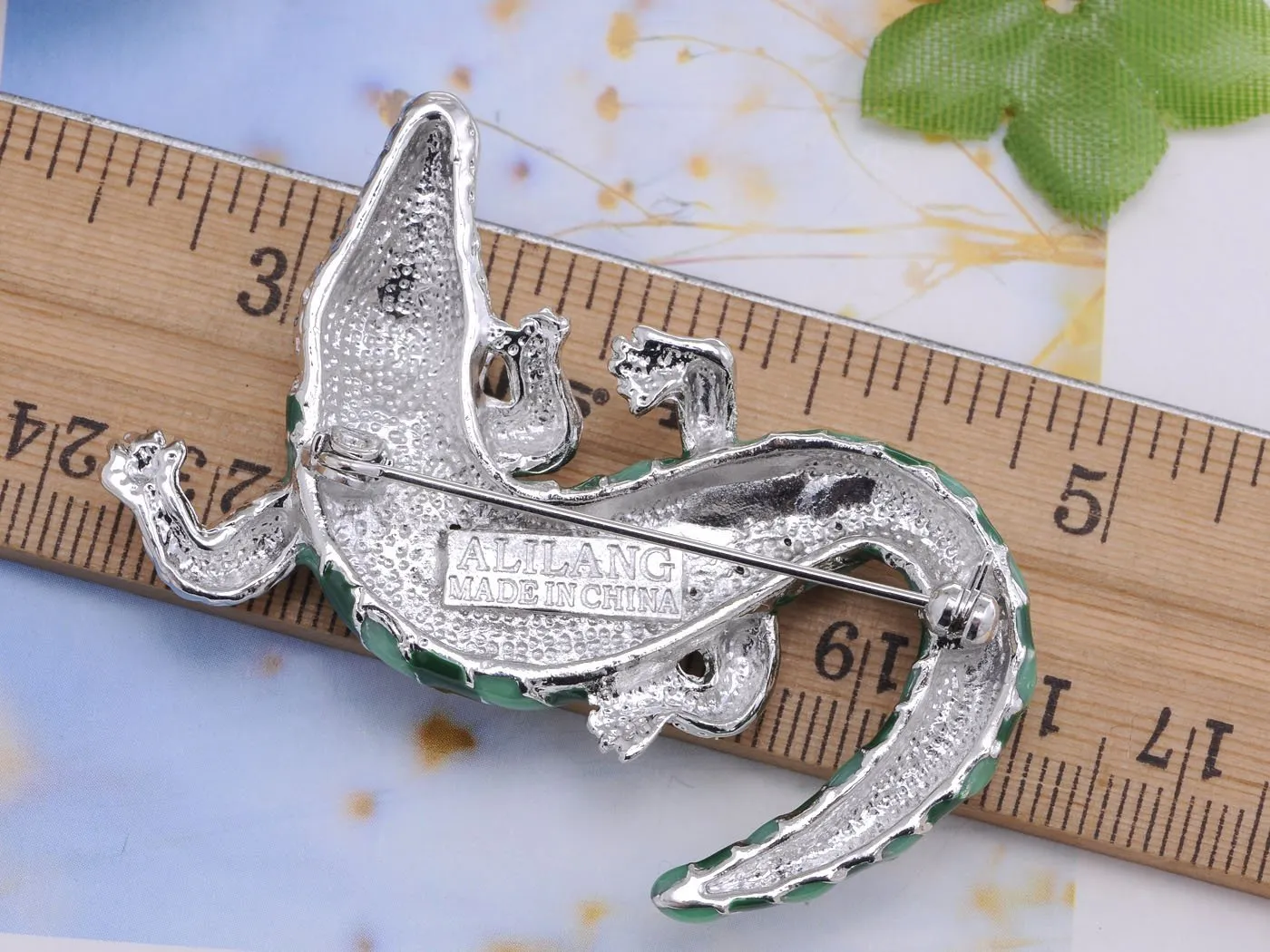 Alilang Green Silvery Tone Crawling Alligator Crocodile Reptile Body Brooch Pin