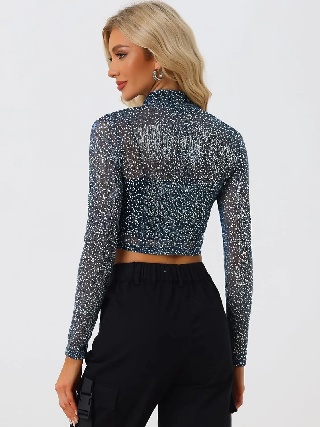 Allegra K Women's Halloween Christmas Sheer Top Glitter Stand Collar Cropped Jacket