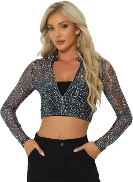 Allegra K Women's Halloween Christmas Sheer Top Glitter Stand Collar Cropped Jacket
