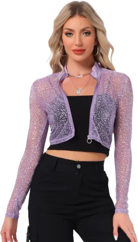 Allegra K Women's Halloween Christmas Sheer Top Glitter Stand Collar Cropped Jacket