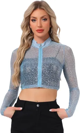 Allegra K Women's Halloween Christmas Sheer Top Glitter Stand Collar Cropped Jacket