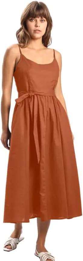Amazhiyu Womens Linen Scoop Neck Spaghetti Strap Smocked Midi Dresses with Belt