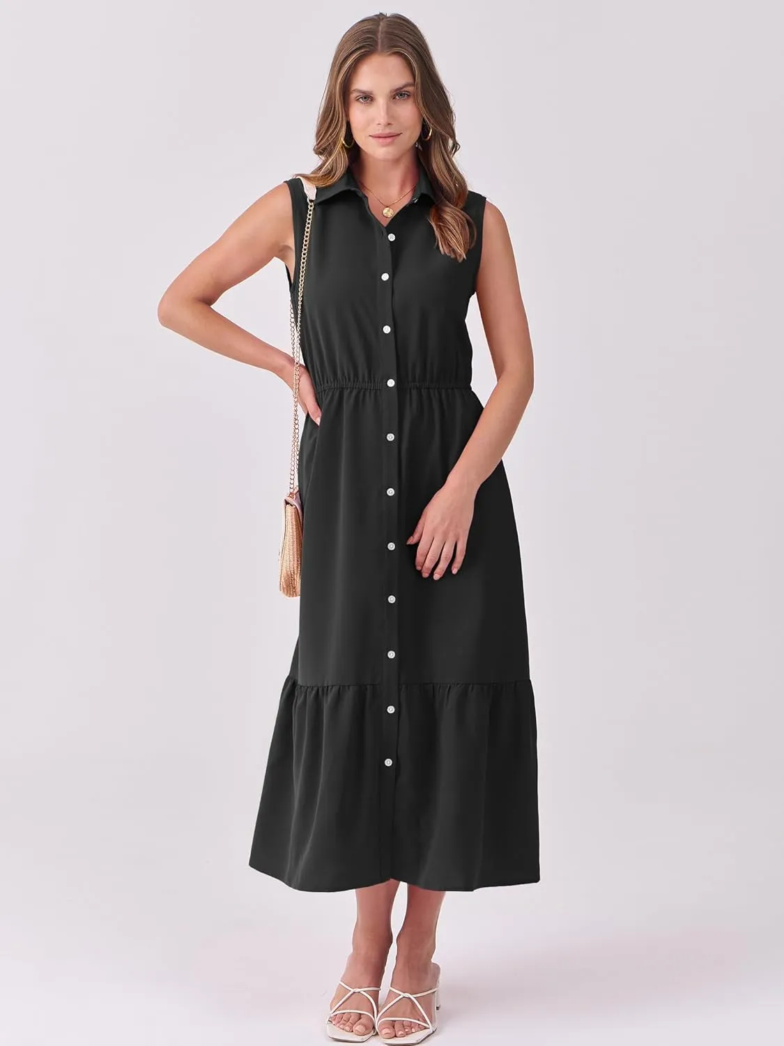 ANRABESS Womens Summer Button Down Maxi Shirt Dress Sleeveless Collared Tiered Work Dresses Beach Sundress with Pockets