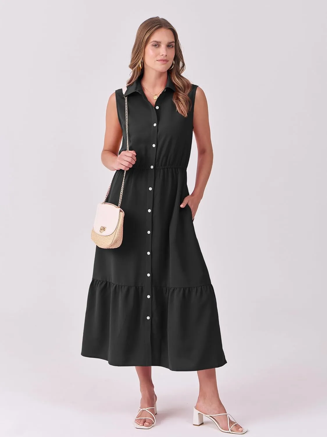 ANRABESS Womens Summer Button Down Maxi Shirt Dress Sleeveless Collared Tiered Work Dresses Beach Sundress with Pockets
