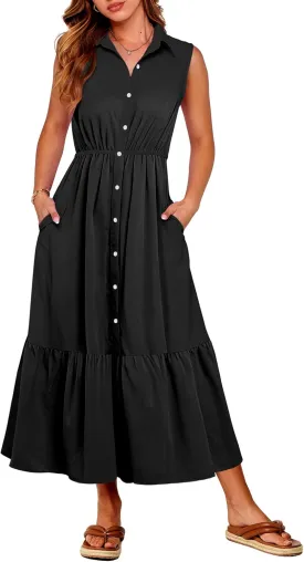 ANRABESS Womens Summer Button Down Maxi Shirt Dress Sleeveless Collared Tiered Work Dresses Beach Sundress with Pockets