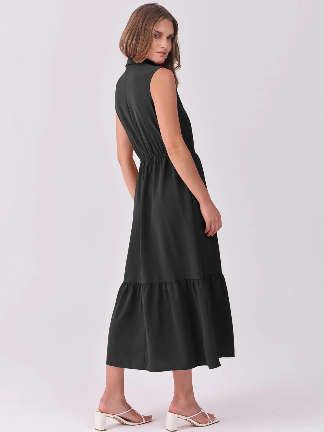 ANRABESS Womens Summer Button Down Maxi Shirt Dress Sleeveless Collared Tiered Work Dresses Beach Sundress with Pockets