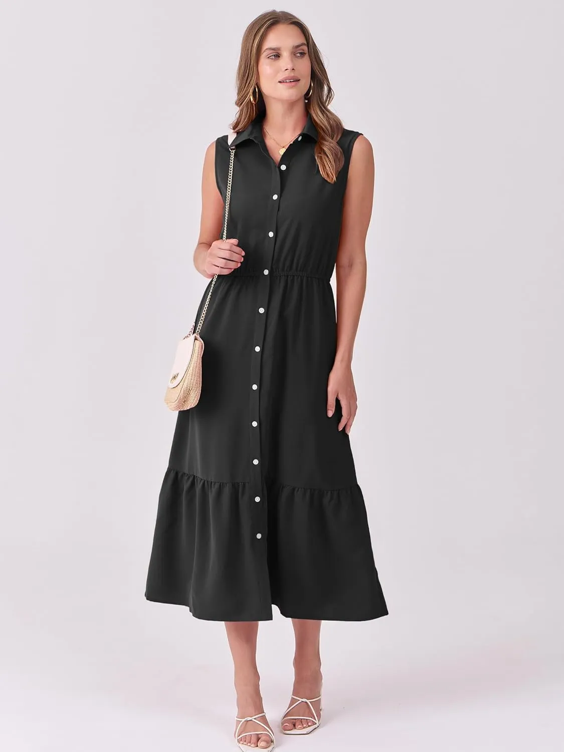 ANRABESS Womens Summer Button Down Maxi Shirt Dress Sleeveless Collared Tiered Work Dresses Beach Sundress with Pockets