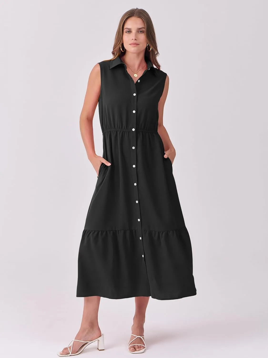 ANRABESS Womens Summer Button Down Maxi Shirt Dress Sleeveless Collared Tiered Work Dresses Beach Sundress with Pockets