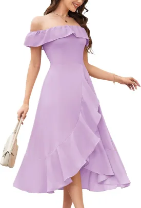 Aupuls Women Chiffon Off Shoulder Formal Dresses High Low Ruffle Midi Cocktail Wedding Guest Dress