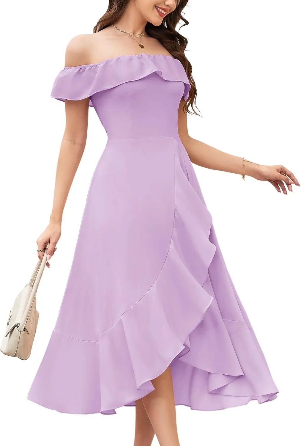 Aupuls Women Chiffon Off Shoulder Formal Dresses High Low Ruffle Midi Cocktail Wedding Guest Dress