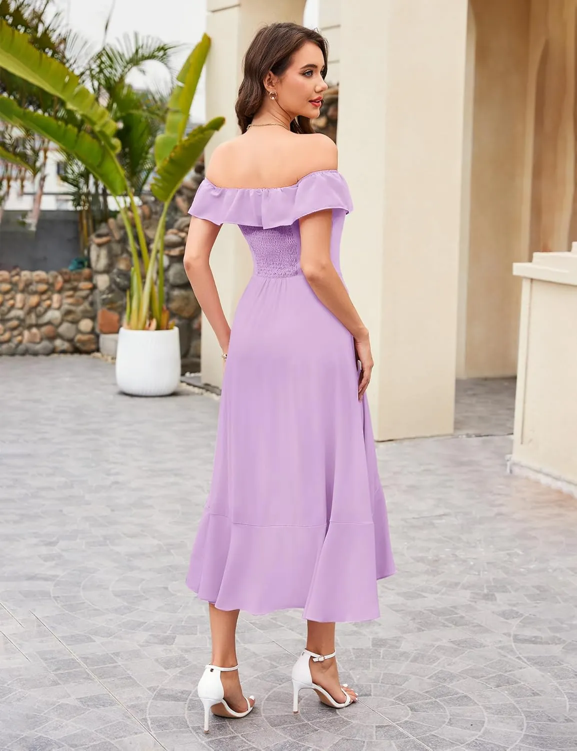 Aupuls Women Chiffon Off Shoulder Formal Dresses High Low Ruffle Midi Cocktail Wedding Guest Dress