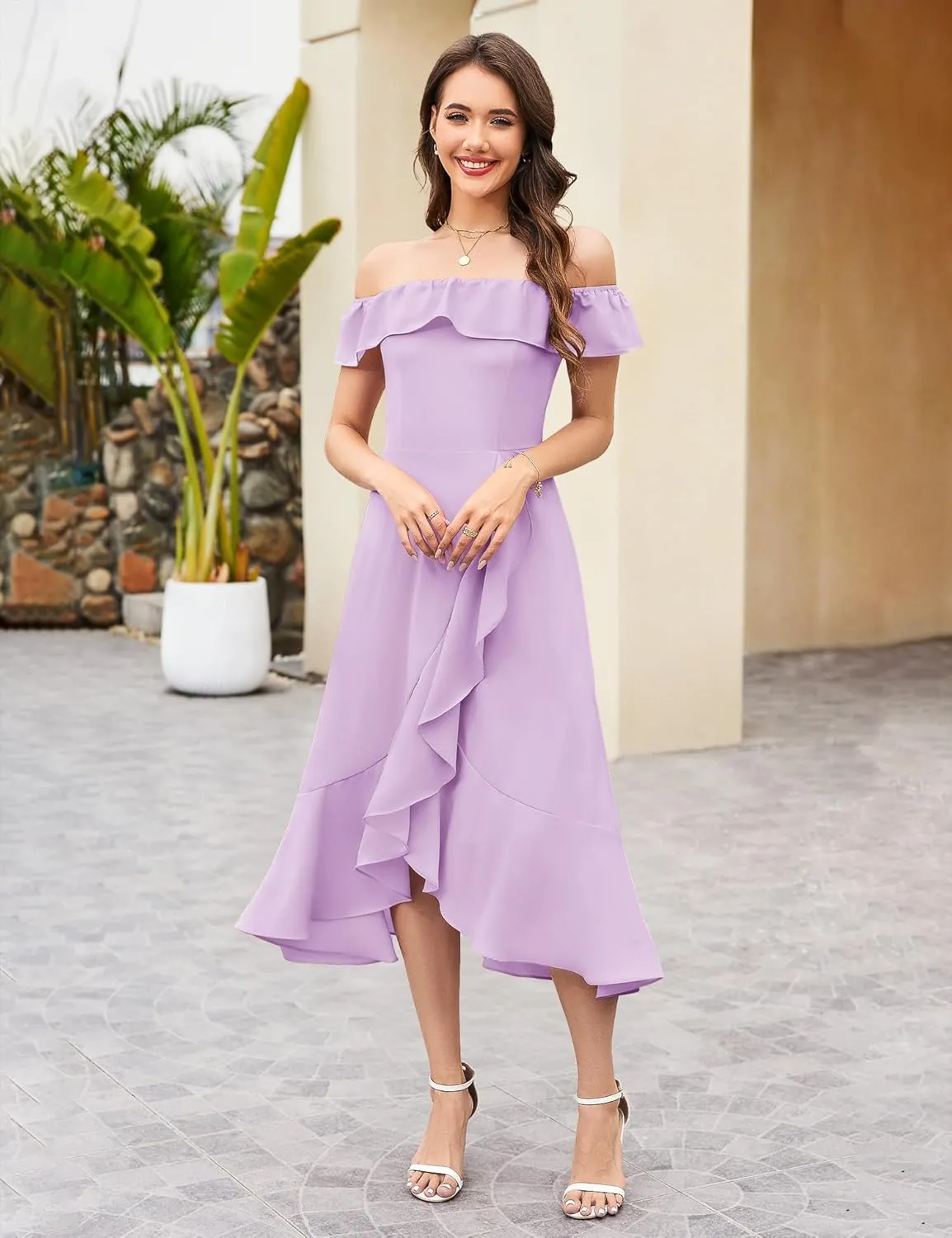 Aupuls Women Chiffon Off Shoulder Formal Dresses High Low Ruffle Midi Cocktail Wedding Guest Dress