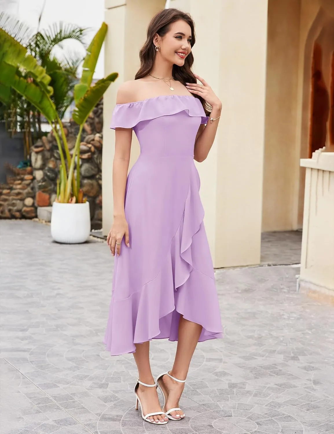 Aupuls Women Chiffon Off Shoulder Formal Dresses High Low Ruffle Midi Cocktail Wedding Guest Dress