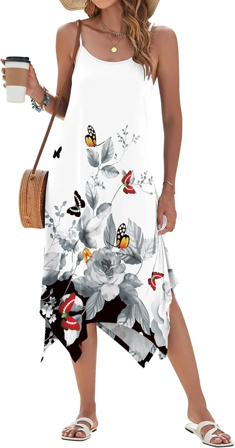 AUSELILY Women's Summer Dress 2025 Sleeveless Spaghetti Strap Sundress Casual Midi Dresses with Pockets