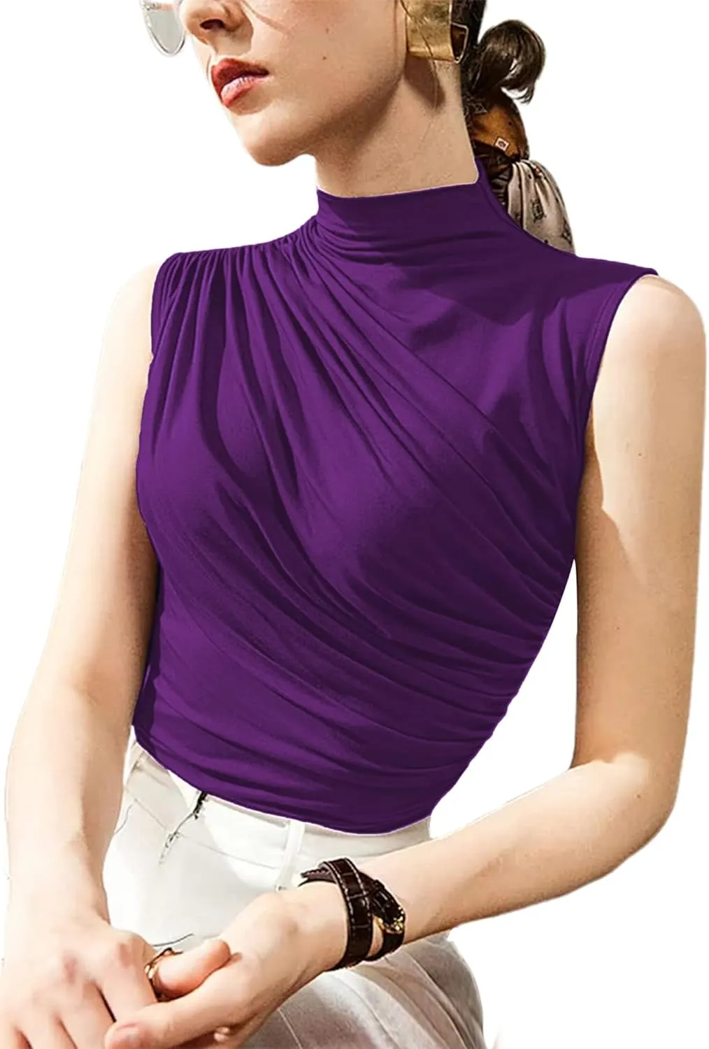 Avanova Women Fitted Sleeveless Ruched Tank Top Shirt Mock Turtleneck Blouses