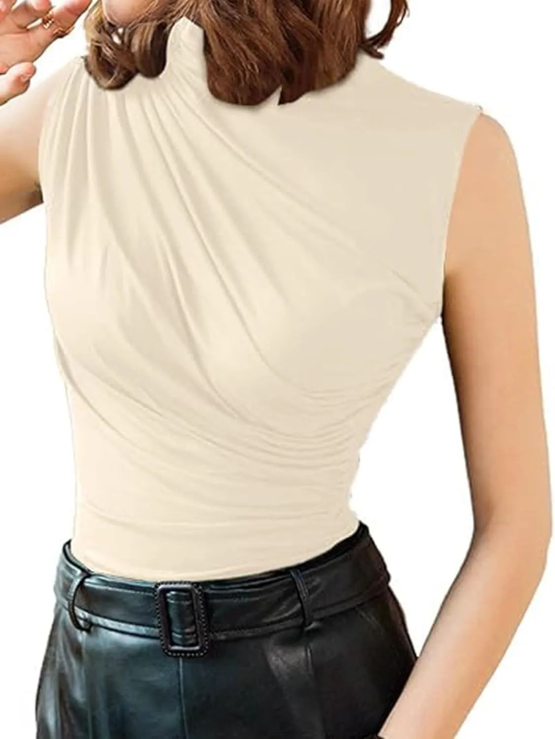 Avanova Women Fitted Sleeveless Ruched Tank Top Shirt Mock Turtleneck Blouses
