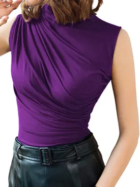Avanova Women Fitted Sleeveless Ruched Tank Top Shirt Mock Turtleneck Blouses
