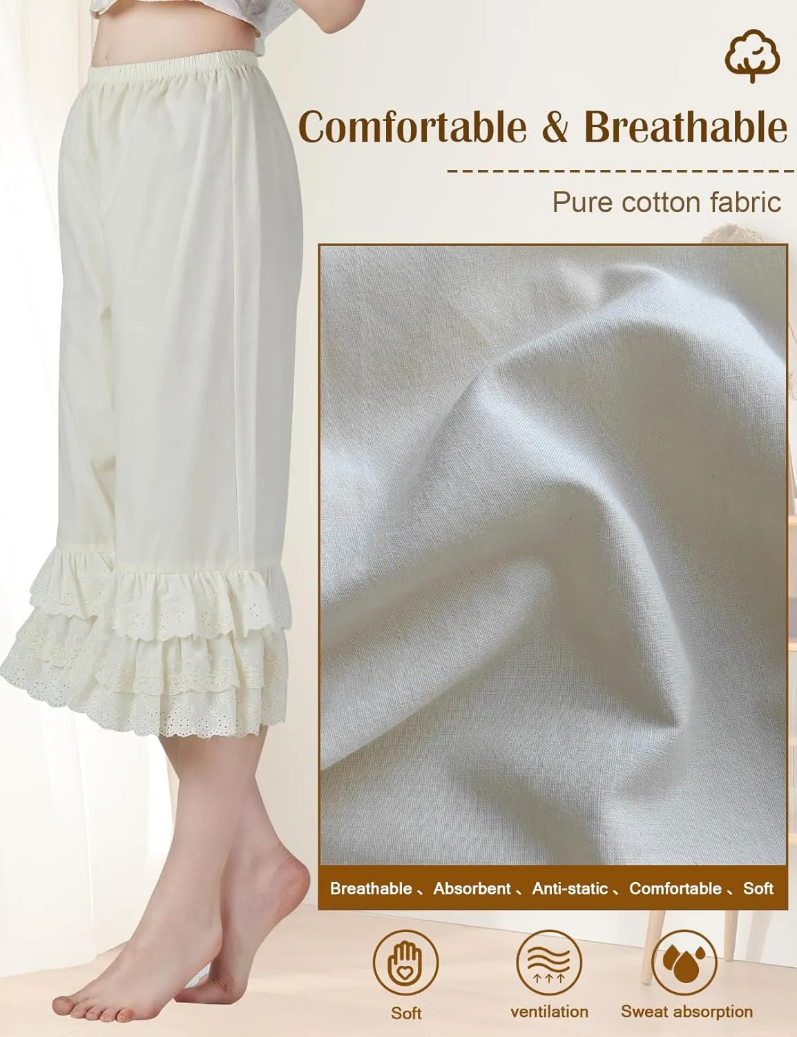 BEAUTELICATE Vintage Cotton Shorts Pettipants Culotte Slip Cropped Sleepwear Pants with Lace Edge