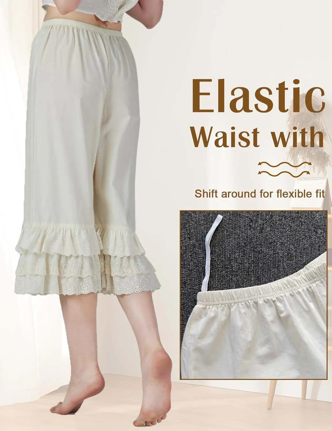 BEAUTELICATE Vintage Cotton Shorts Pettipants Culotte Slip Cropped Sleepwear Pants with Lace Edge