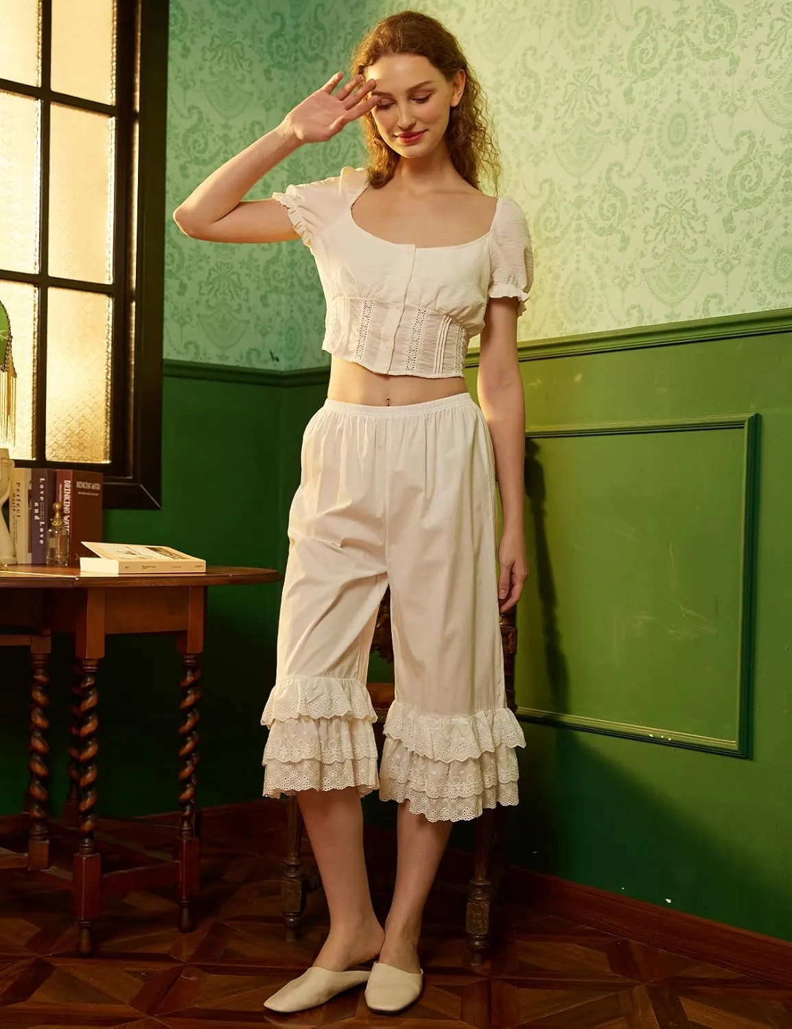 BEAUTELICATE Vintage Cotton Shorts Pettipants Culotte Slip Cropped Sleepwear Pants with Lace Edge