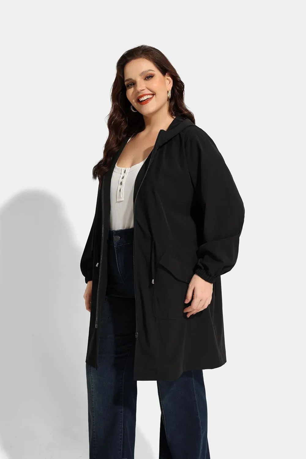CARCOS Women Plus Size Raincoat Lightweight Waterproof Rain Jacket Travel Hooded Trench Coat XL-5XL