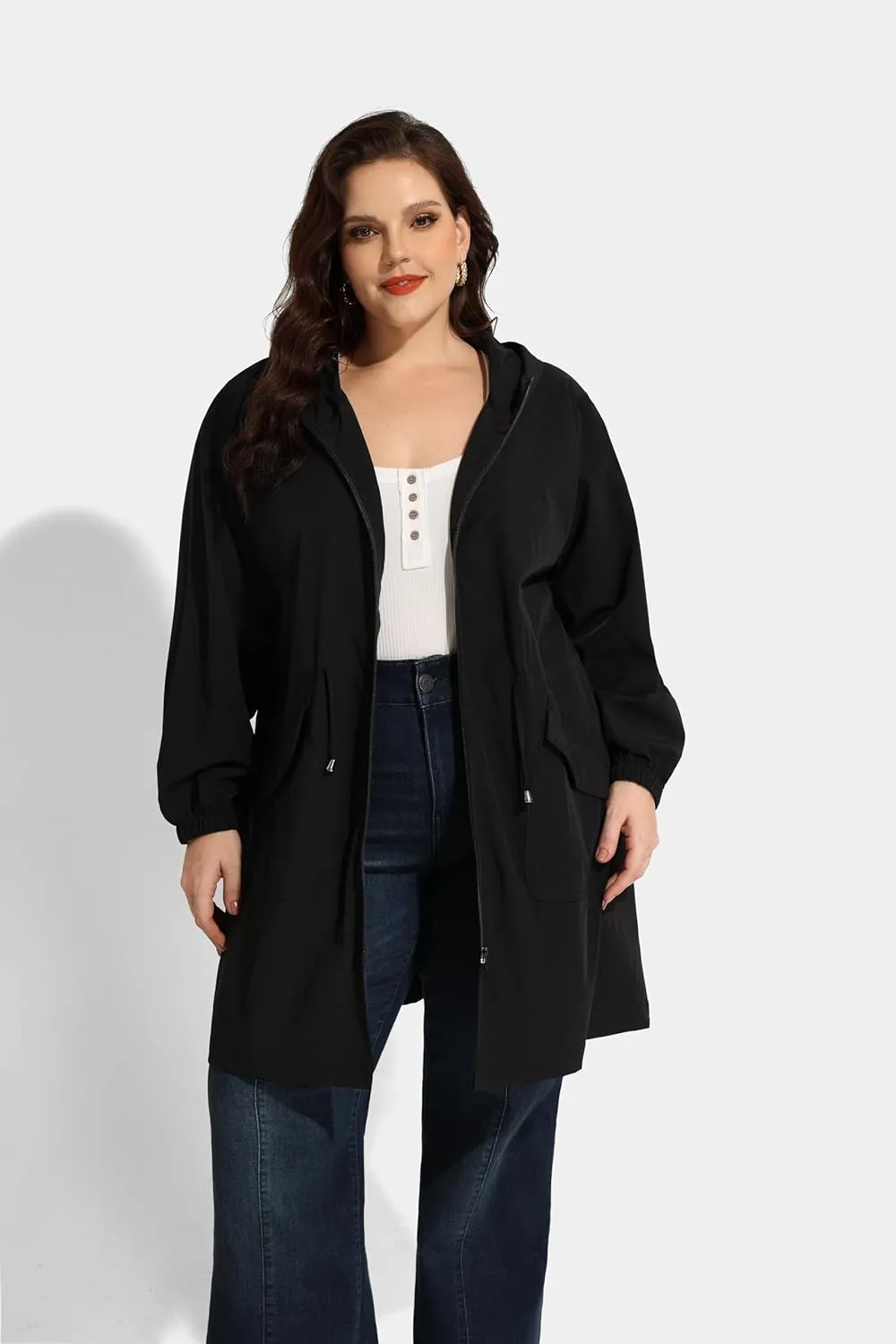 CARCOS Women Plus Size Raincoat Lightweight Waterproof Rain Jacket Travel Hooded Trench Coat XL-5XL