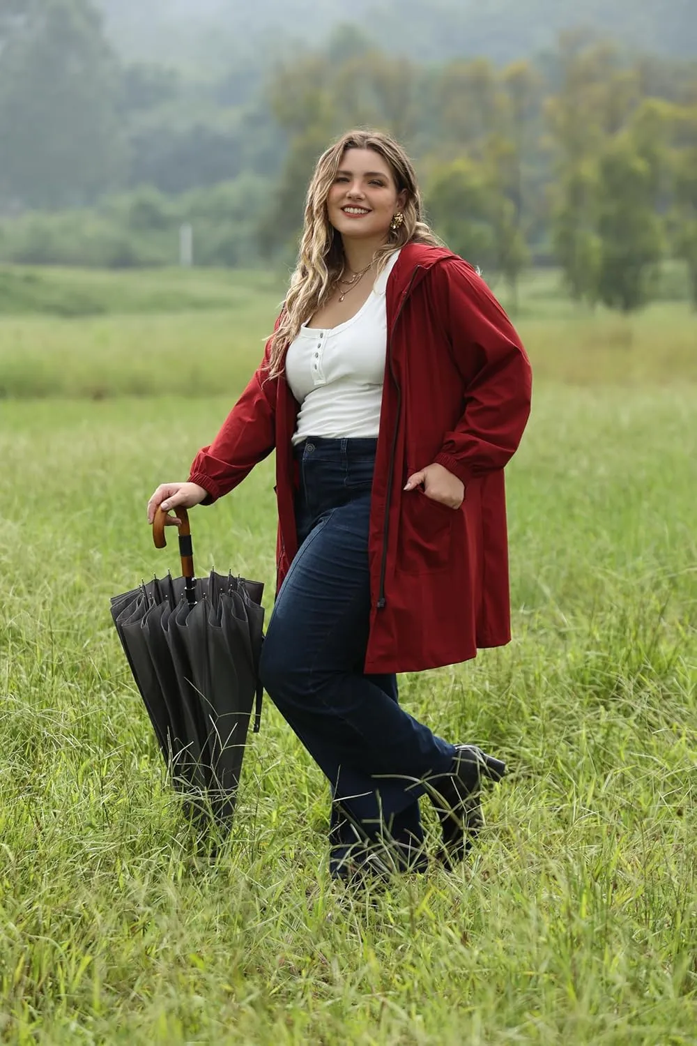 CARCOS Women Plus Size Raincoat Lightweight Waterproof Rain Jacket Travel Hooded Trench Coat XL-5XL