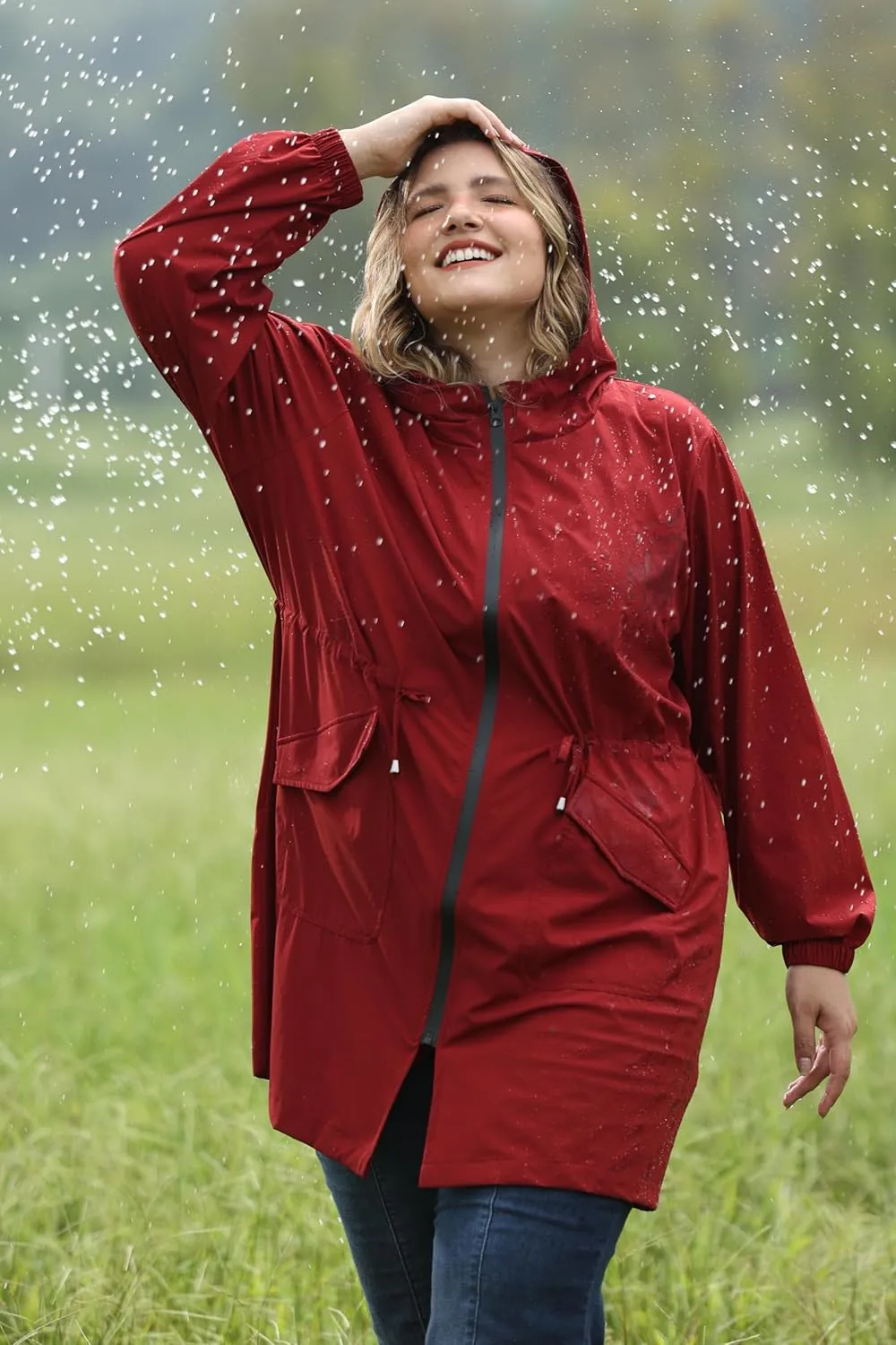 CARCOS Women Plus Size Raincoat Lightweight Waterproof Rain Jacket Travel Hooded Trench Coat XL-5XL