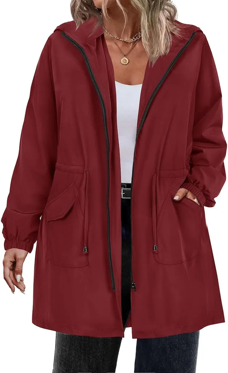 CARCOS Women Plus Size Raincoat Lightweight Waterproof Rain Jacket Travel Hooded Trench Coat XL-5XL