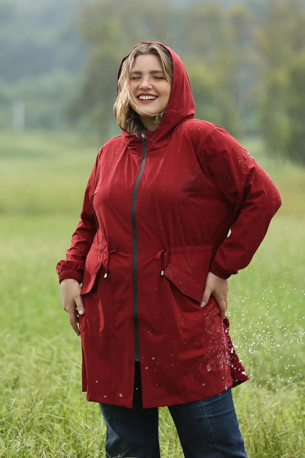 CARCOS Women Plus Size Raincoat Lightweight Waterproof Rain Jacket Travel Hooded Trench Coat XL-5XL