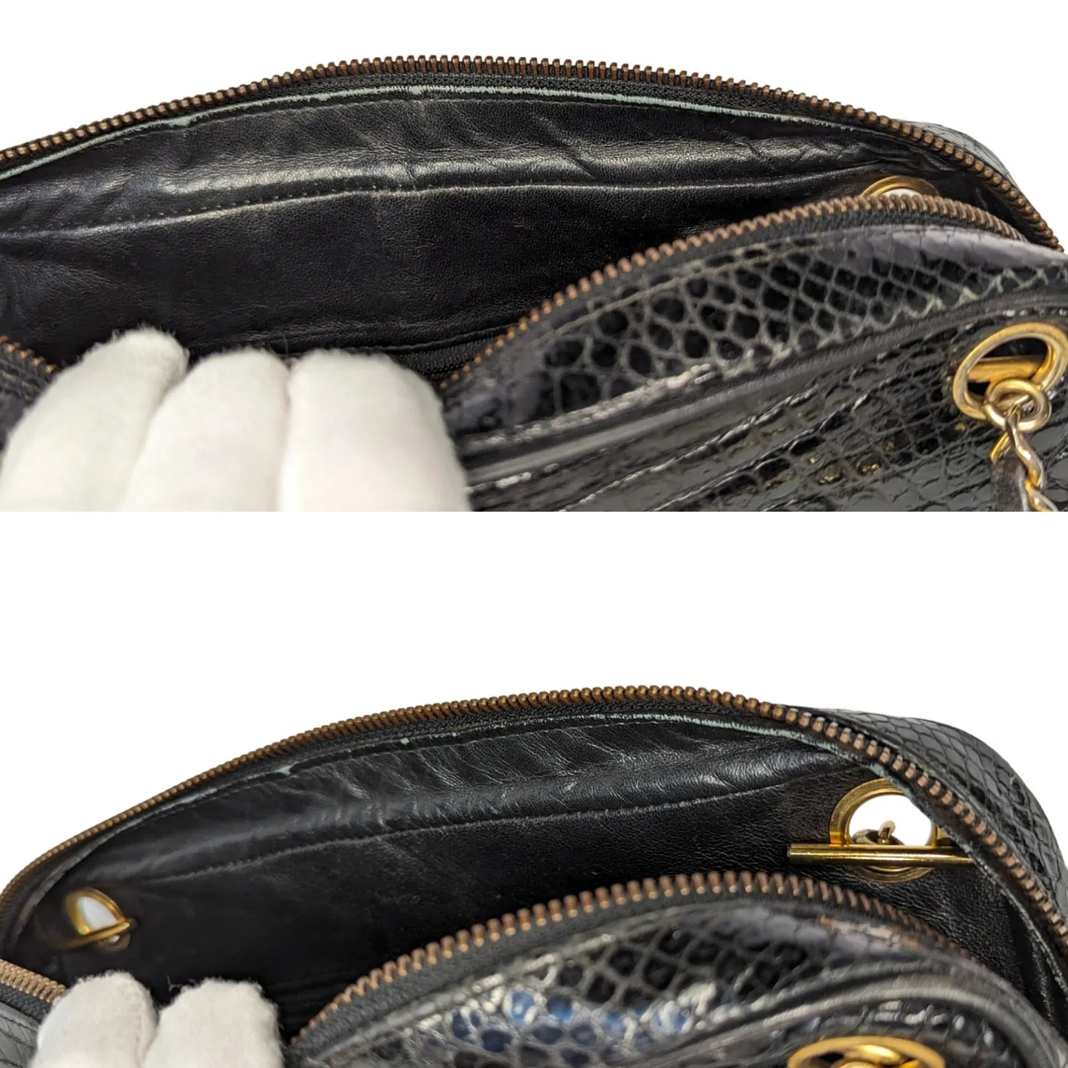Chanel 80s Black Shiny Alligator Camera Shoulder Bag