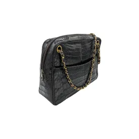 Chanel 80s Black Shiny Alligator Camera Shoulder Bag
