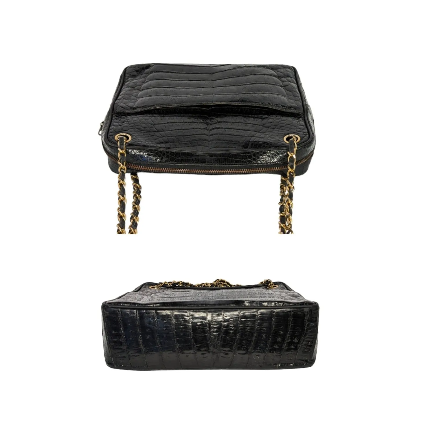 Chanel 80s Black Shiny Alligator Camera Shoulder Bag