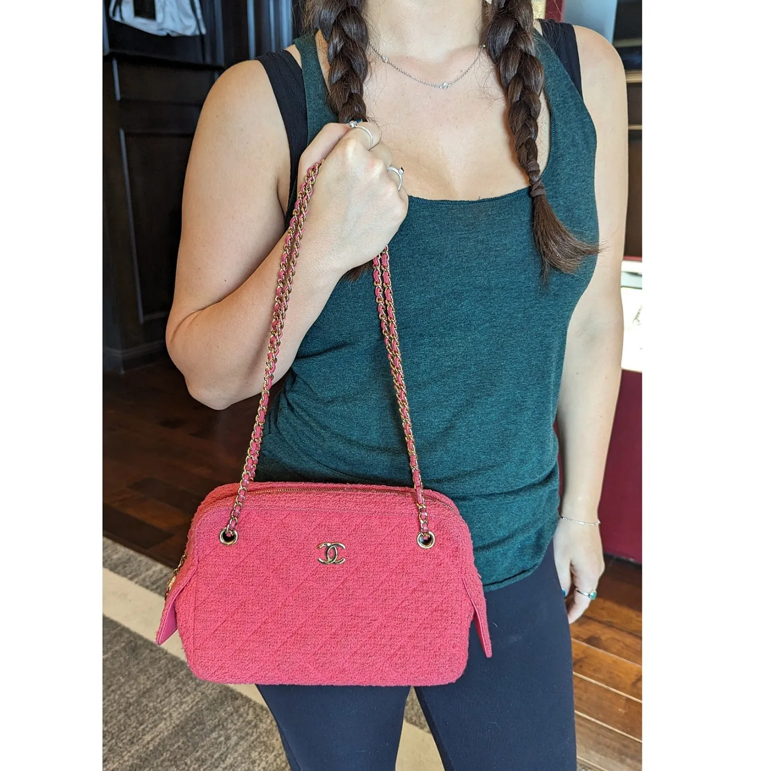 Chanel Bag Pink Quilted Tweed CC Camera Case