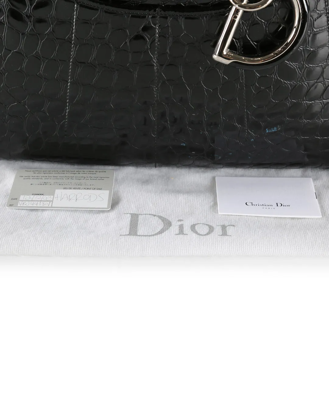 CHRISTIAN DIOR Black Crocodile Embossed Patent Leather 61 Large Shoulder Bag