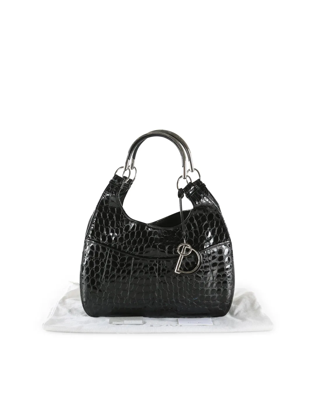 CHRISTIAN DIOR Black Crocodile Embossed Patent Leather 61 Large Shoulder Bag