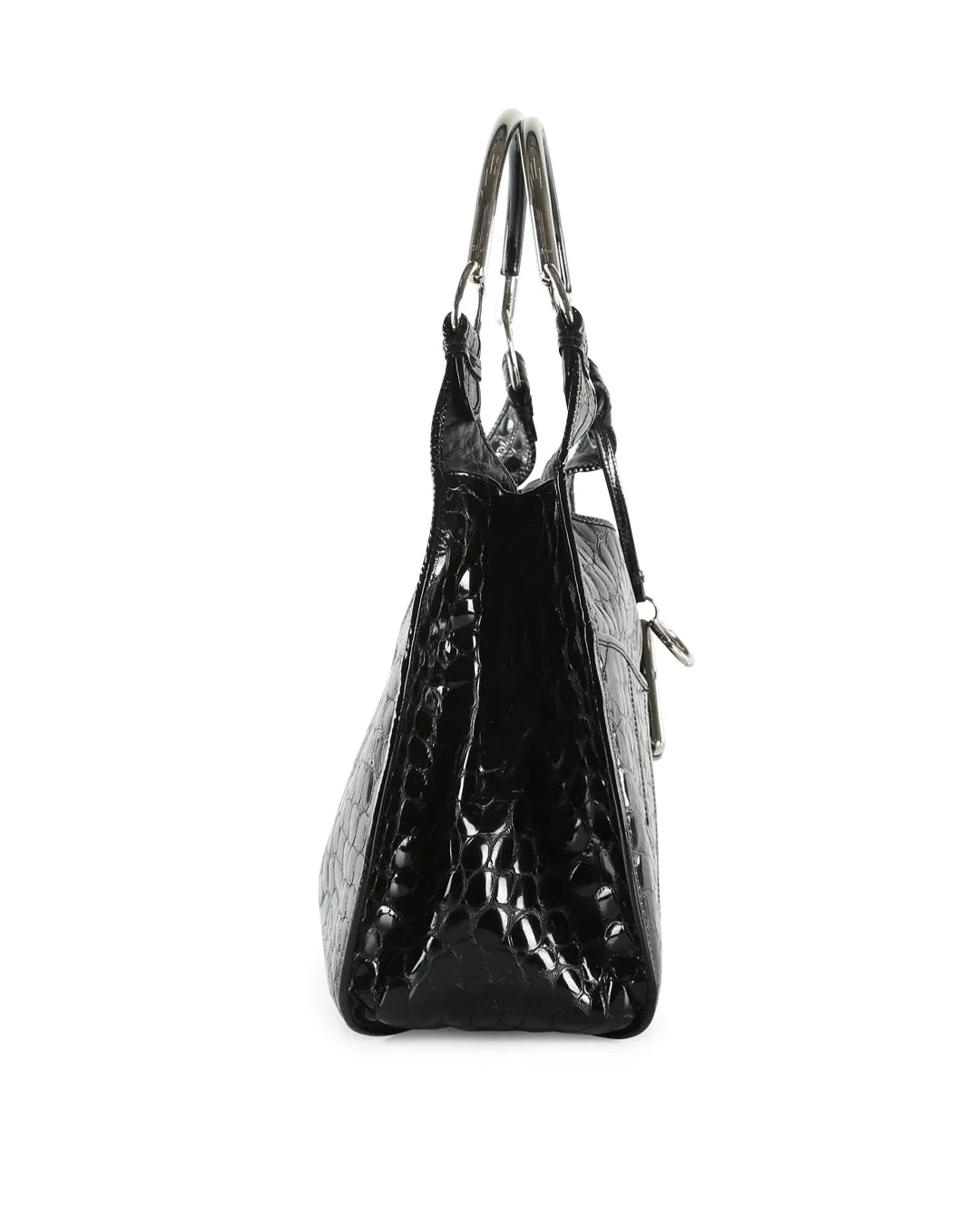 CHRISTIAN DIOR Black Crocodile Embossed Patent Leather 61 Large Shoulder Bag