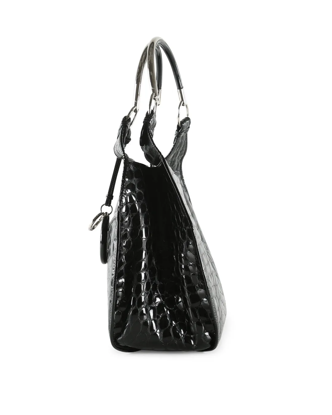 CHRISTIAN DIOR Black Crocodile Embossed Patent Leather 61 Large Shoulder Bag