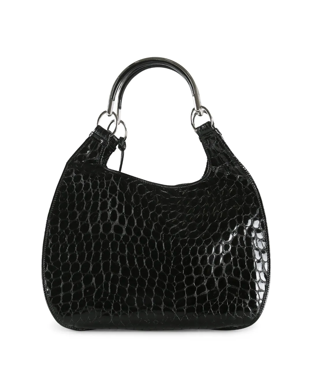 CHRISTIAN DIOR Black Crocodile Embossed Patent Leather 61 Large Shoulder Bag